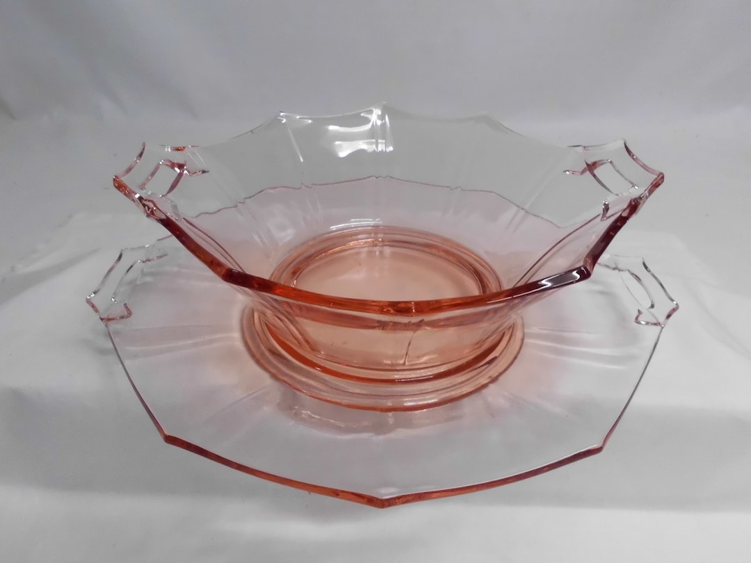 Pink Depression Glass Octagon Tray & Serving Bowl Chip Dip Etsy