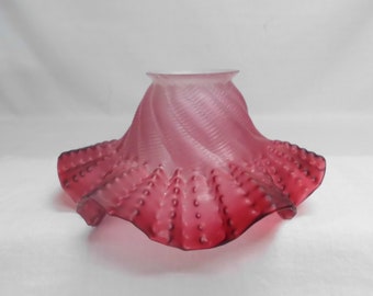 Antique Cranberry Glass Lamp Shade Bell Shape with Swirl Ruffle & Crimped 2.25" Fitter