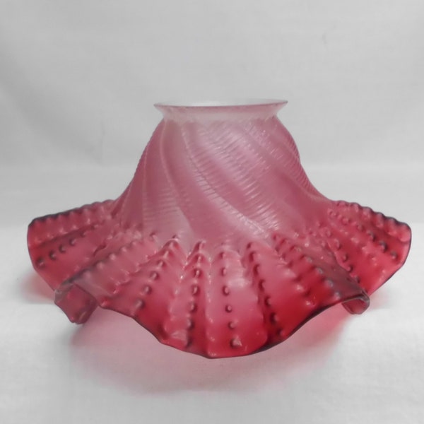 Antique Cranberry Glass Lamp Shade Bell Shape with Swirl Ruffle & Crimped 2.25" Fitter