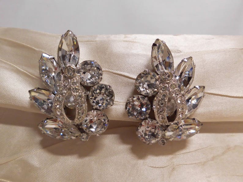 Eisenberg Earrings Vintage 50/'s Sparkly Clear Rhinestones Large Marquis /& Round with Pave Stone Overlay Bridal Special Occasion High End