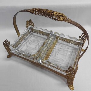 Vintage Gold Filigree Dresser Set Handled Tray Covered Box Square Dish Glass Inserts image 2