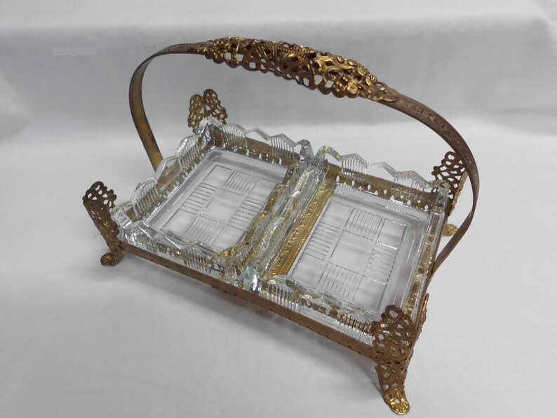 Vintage Gold Filigree Dresser Set Handled Tray Covered Box Square Dish Glass Inserts image 2