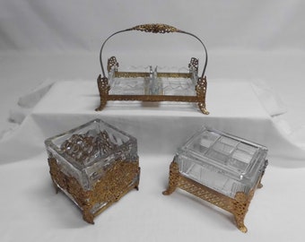 Vintage Gold Filigree Dresser Set Handled Tray Covered Box Square Dish Glass Inserts