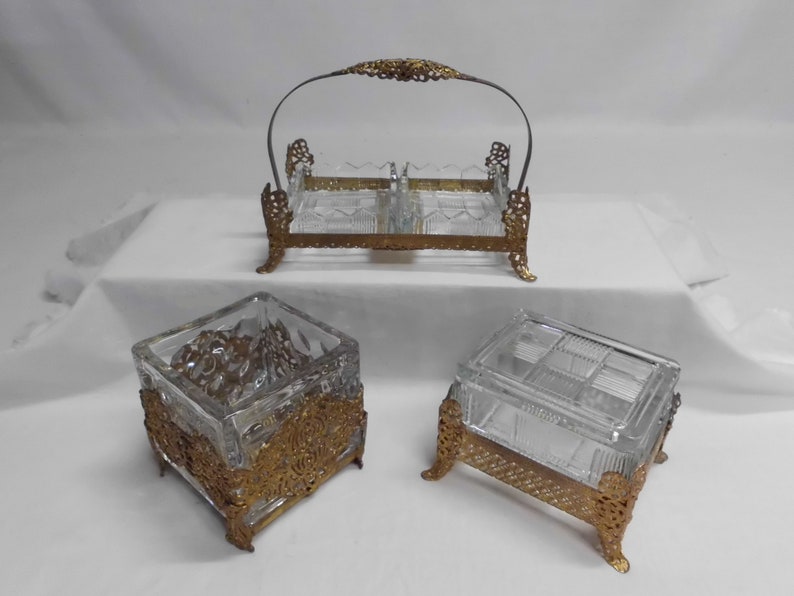 Vintage Gold Filigree Dresser Set Handled Tray Covered Box Square Dish Glass Inserts image 1