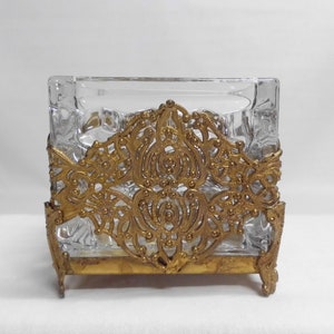 Vintage Gold Filigree Dresser Set Handled Tray Covered Box Square Dish Glass Inserts image 5