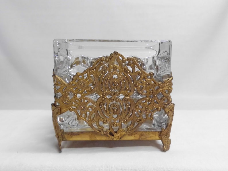 Vintage Gold Filigree Dresser Set Handled Tray Covered Box Square Dish Glass Inserts image 5