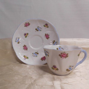 Vintage Shelley Cup & Saucer Dainty Rose Pansy Forget-Me-Not Trimmed in Blue English Bone China Country Farmhouse