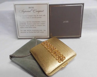 Avon Compact Imperial New in Box Vintage 1960's Complete with Puff & Screen for Loose Face Powder Brushed Gold Tone