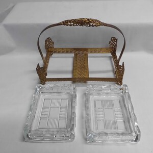 Vintage Gold Filigree Dresser Set Handled Tray Covered Box Square Dish Glass Inserts image 3