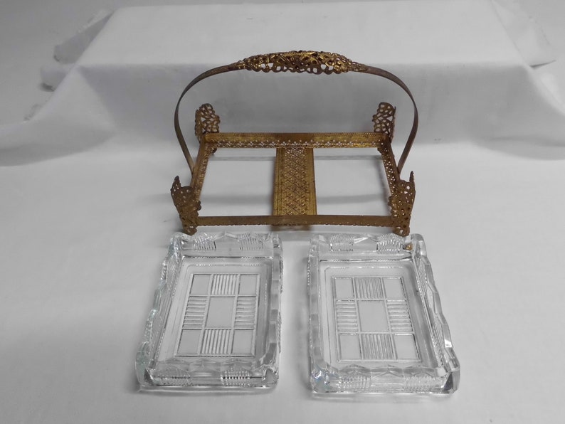 Vintage Gold Filigree Dresser Set Handled Tray Covered Box Square Dish Glass Inserts image 3