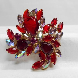 Vintage Red Rhinestone Brooch Huge Open Back Teardrops & Marquise Abstract Shape 3&quot;
