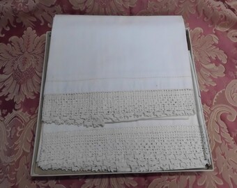 Vintage Pillowcases with Hand Crocheted Edge WHITE  23" x 35" Pair King Size