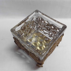 Vintage Gold Filigree Dresser Set Handled Tray Covered Box Square Dish Glass Inserts image 4