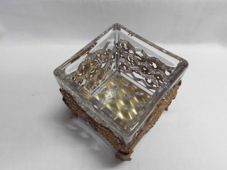 Vintage Gold Filigree Dresser Set Handled Tray Covered Box Square Dish Glass Inserts image 4