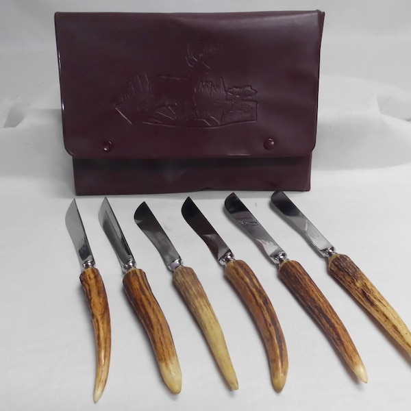 Solingen Germany Stag Handle Steak Knives with Stainless Blades by Brown & Bigelow Set of 6 Country Cottage Farmhouse