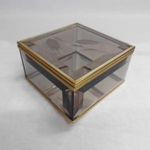 Etched Beveled Glass & Brass Jewelry Trinket Box with Mirrored Bottom Vanity Decor