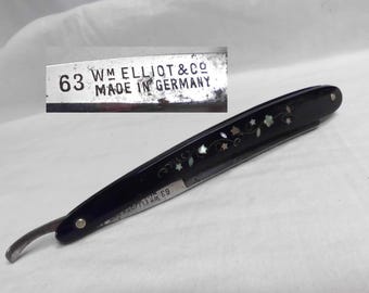 Vintage Straight Razor Black Celluloid with Mother of Pearl Inlay Wm Elliot & Co Germany Display Only