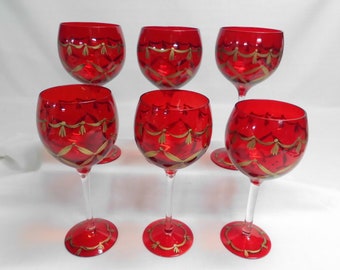 Set of 6 Ruby Red Goblets with Hand Painted Gold Swag & Tassel Vintage Flash Glass 8.5" Tall