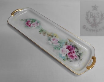 Antique RS Germany Cocktail Serving Tray Charcuterie Board Hand Painted Roses 13.5" x 4.5"