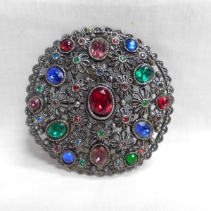 Vintage NEGW Rhinestone Brooch New England Glass Works 1930's Pot & Paste 2.5" Round Multicolored