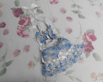 Antique Pin Cushion and Wishbone Thimble Holder Hand Crocheted Verigated Blue & White with White Ribbon Flower Accents