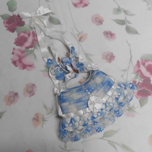 Antique Pin Cushion and Wishbone Thimble Holder Hand Crocheted Verigated Blue & White with White Ribbon Flower Accents