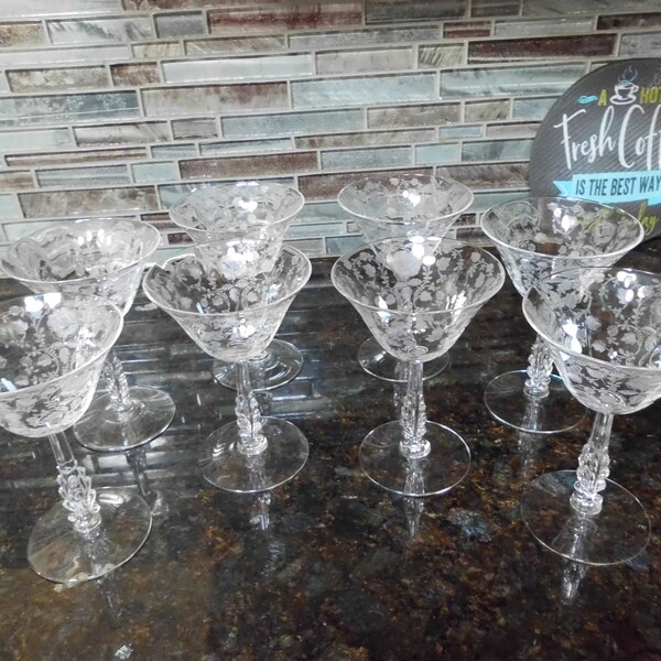 Set of 8 Etched Cambridge Glass Stem 3779 Roselyn Coups Tall Champagne /Sherbets Vintage Bar Dessert Glasses