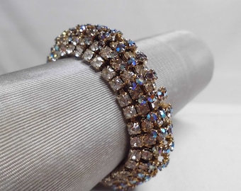 Spectacular Rhinestone Bracelet Vintage 5 Row Domed Double Layer with Clear & Dark Aurora Borealis Stones