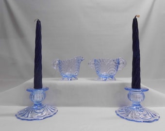 Cambridge Glass Blue Caprice Candlesticks with Creamer & Open Sugar Vintage Elegant Glass