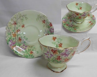Royal Albert Cup & Saucer Multi Colored Columbine Flowers on Green Background