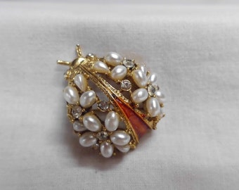 ART Brooch Faux Pearl & Rhinestone Enameled Ladybug in Gold Tone Signed Vintage Jewelry