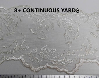 Embroidered Tulle Lace Trim 5" Wide Ivory Antique White 8+ Continuous Yards Bell Flowers Applique Wedding Gown Bridal Dress