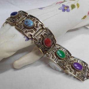 Bracciale vintage Sarah Coventry in argento massiccio Granada con cabochon multicolore