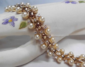 Trifari Alfred Philippe Bracelet Vintage 1953 Des Pat Pend Pearls & Rhinestones Bridal Wedding Jewelry