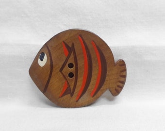 Wood Fish Button 2.25" x 1.75" Large Vintage Hand Painted Wooden Two Hole Sew Through Novelty Button