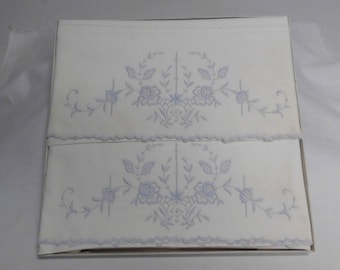 One Pair Vintage Cotton Pillowcases with Blue Embroidered Flowers and Scalloped Edge 20" x 32" Queen Size Country Cottage Farmhouse Decor