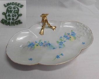 Hand Painted Limoges Tray by W Guerin with Flower Handle and Blue Foget-Me-Nots Antique Oval Dresser Tray Catch All Relish Tray