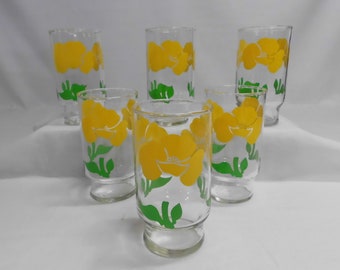 Anchor Hocking Yellow Poppy Tumblers 12 oz Drinking Glasses Set of 6 Vintage Swanky Swigs