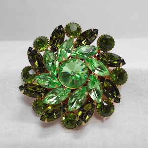 Green Rhinestone Brooch 2&quot; Diameter Marquise & Round Stones Set in Gold Tone 3 Different Greens