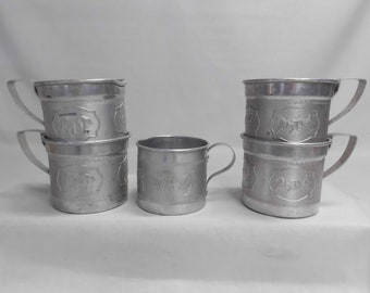 4 Aluminum Cups Circus Theme + 1 Nursery Rhyme Tin Cup Vntage 1930's Childs Mugs Great for Camping!