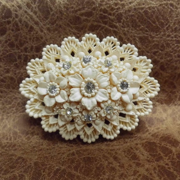 Celluloid Brooch with Rhinestone Embellishments Vintage Molded Faux Carved Flower Large Pin 2" x 1.5" Off White Old Plastic Wedding Cake Pin