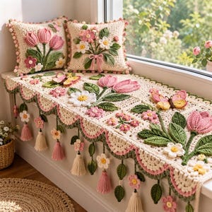 Könnte beinhalten: Zwei quadratische Häkelkissen und ein passender Bankläufer aus cremefarbenem Garn mit dreidimensionalen rosa Tulpen, weißen Gänseblümchen und bunten Schmetterlingen. Der Läufer hat einen Bogenrand mit hängenden Blumen- und Quastenakzenten.