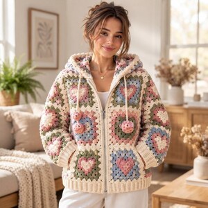 Patrón de sudadera con capucha de ganchillo estilo abuela, chaqueta de ganchillo floral en PDF, patrón de cárdigan con capucha, suéter de ganchillo para mujer, descarga instantánea