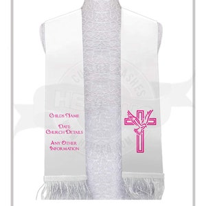 Personalized Christening Baptism Stole sash white with pink print