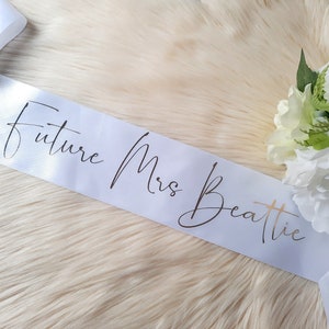 Custom bride to be  Future Mrs Personalized Bachelorette Bride Sash - Any Color sash and print