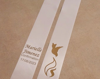 Personalized White satin confirmation stole with metallic gold print