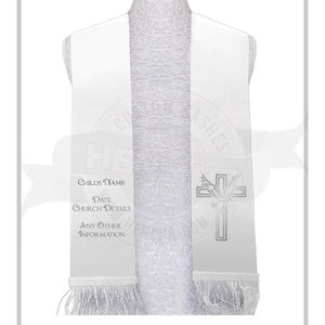 Personalized Christening Baptism Stole sash white with metallic silver print