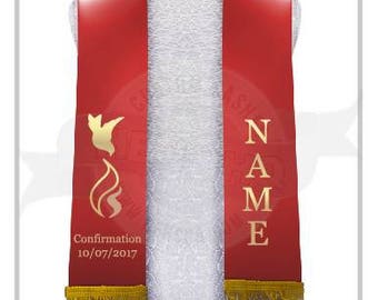 Personalized red satin confirmation stole with metallic gold print