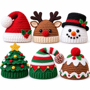 Könnte beinhalten: Sechs gehäkelte Mützen mit weihnachtlichen Motiven: eine rote Weihnachtsmannmütze, ein braunes Rentier mit Geweih, ein weißer Schneemann mit schwarzem Hut, ein grüner Weihnachtsbaum, eine rot-grün gestreifte Elfenmütze und eine braune Puddingmütze.