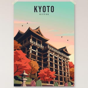 Poster Kyoto, Tempio Kiyomizu-dera, Aceri d'Autunno, Stampa Retrò Minimalista, Giappone, Senza Cornice
